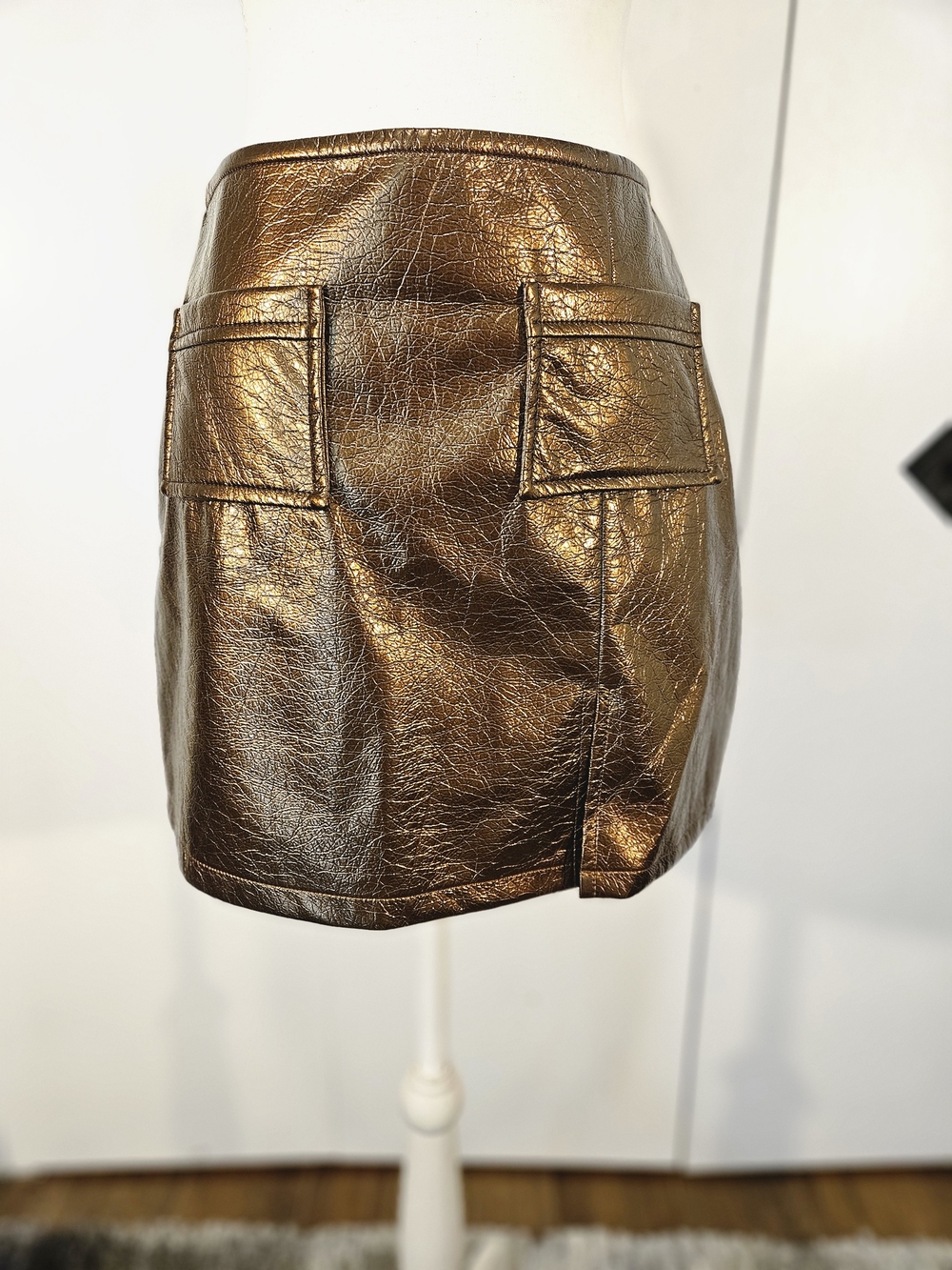 Faux-Leather Metallic Mini Skirt with Front Pockets